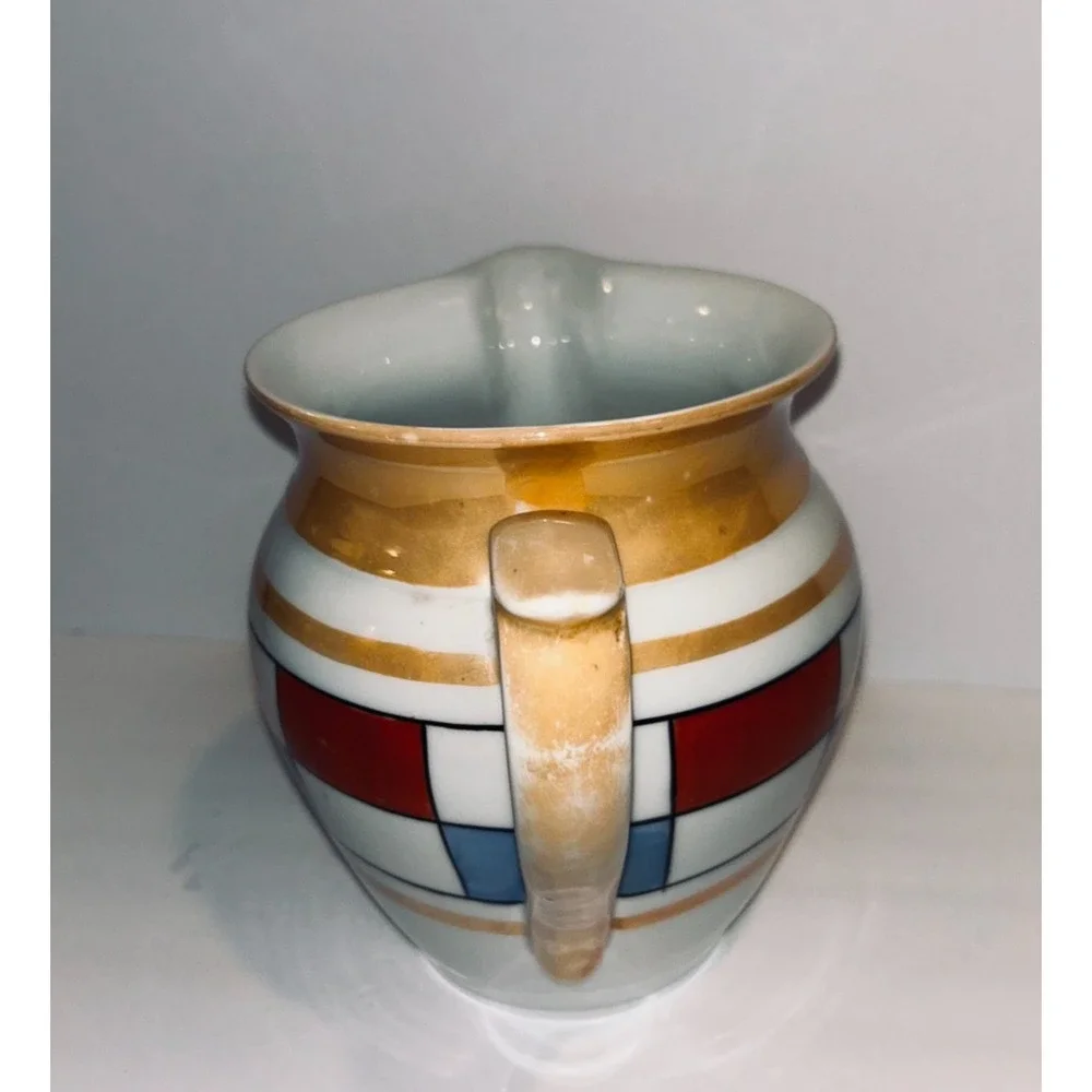 Antique Union K Czechoslovakia Art Deco Lusterware Pitcher Checkerboard Red Blue